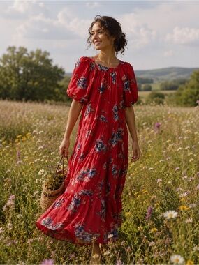 THE GREAT. red and pink floral button-front dress